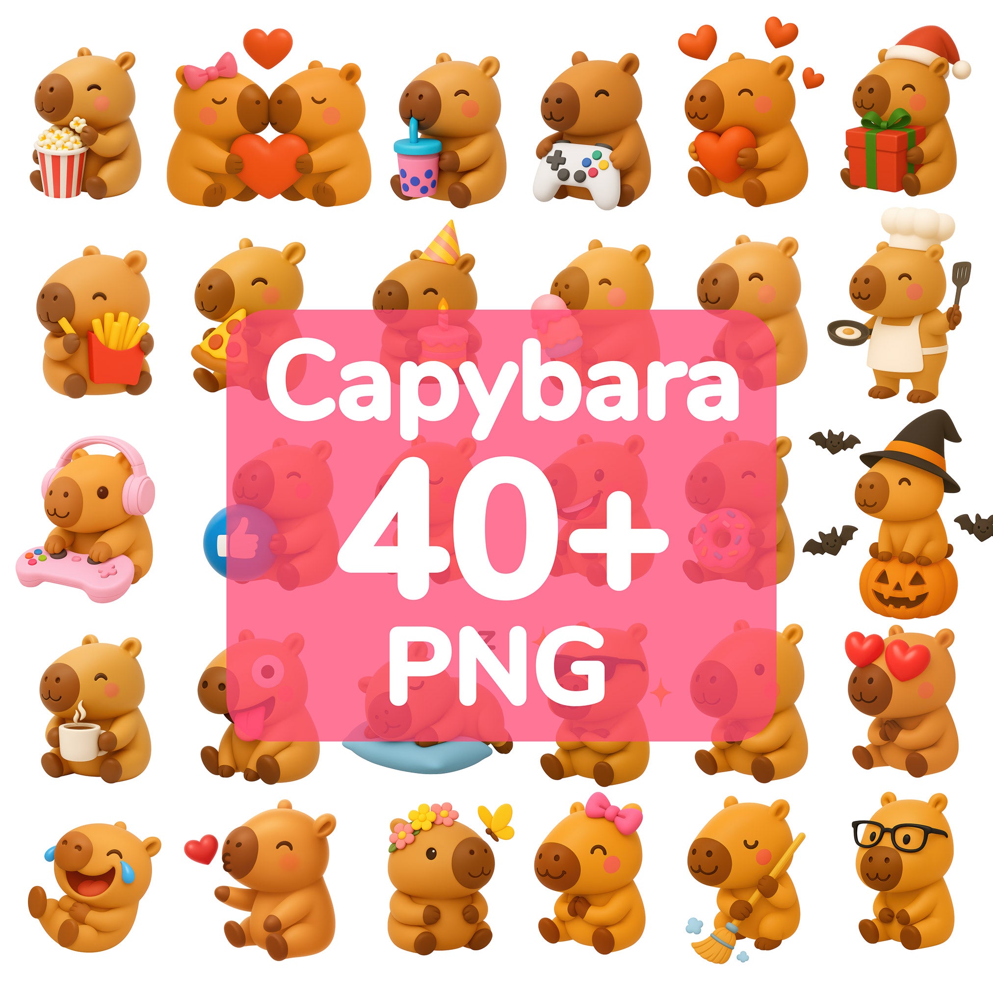 40+ Kawaii Capybara PNG Bundle | 3D Clipart & Emotes for Sublimation